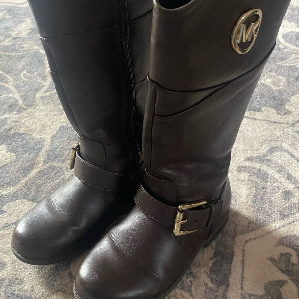 Michael Kors Dark Brown Leather Knee Boots with Gold MK Emblem